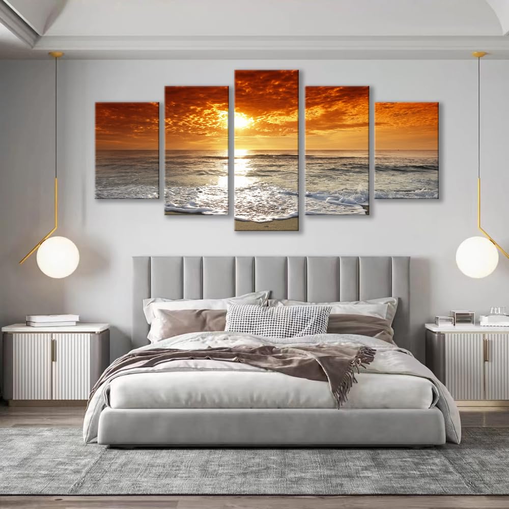 Grand Sight Extra Large 5 Panels Modern Landscape Artwork Seascape Giclee Canvas Prints Sea Beach Pictures to Photo Paintings on Canvas Wall Art for Home Decorations Wall Decor (16x24inchx2,16x32inchx2,16x40x1 / Artwork7)