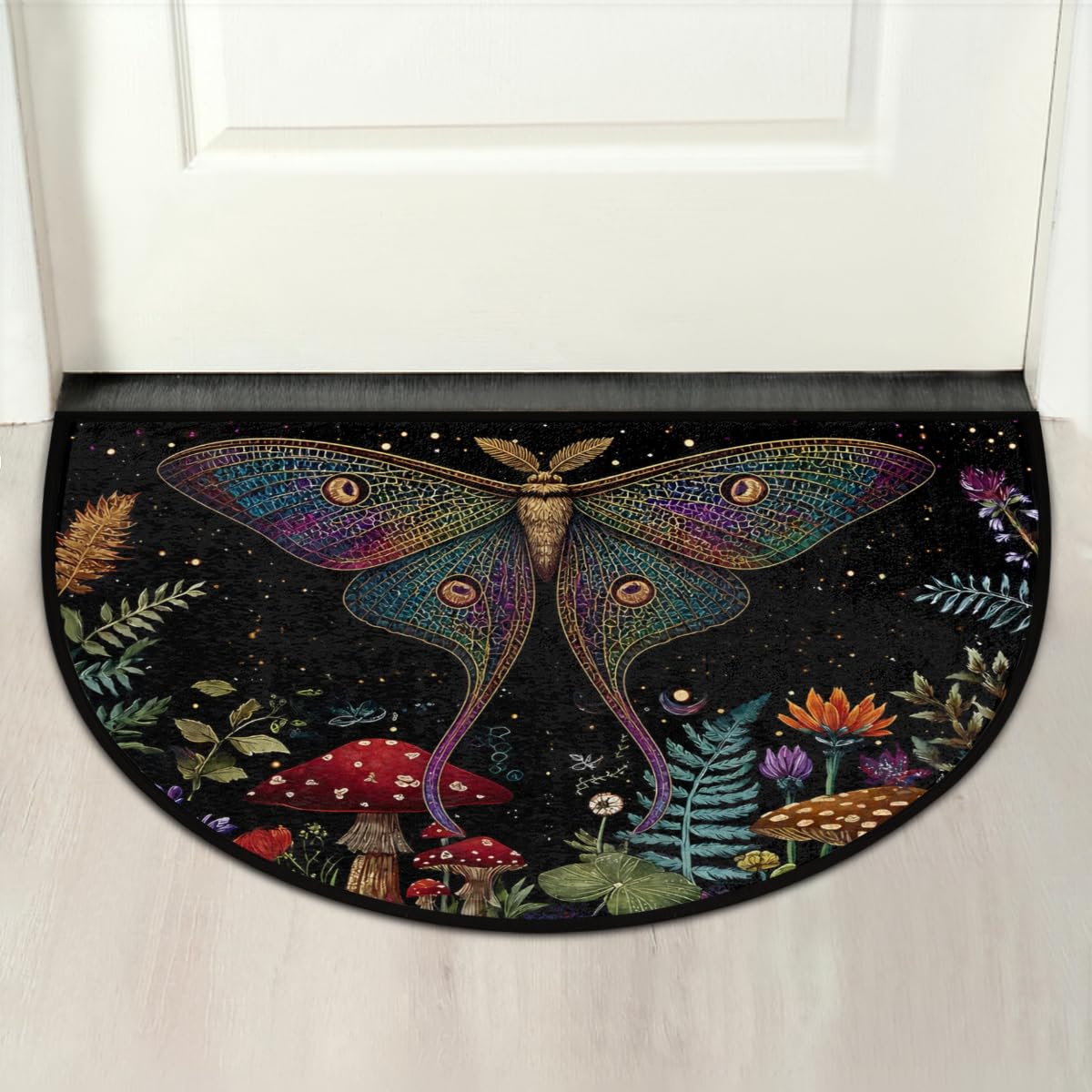 Boho Moth Butterfly Mushroom Flower Ferns Half Round Door Mat Indoor Entrance Low Pile Non Slip Absorbent Semi Circle Welcome Mats Doormats 36x24 in Floor Mats for Home Kitchen (Boho Moth Butterfly Mushroom Flower Ferns)