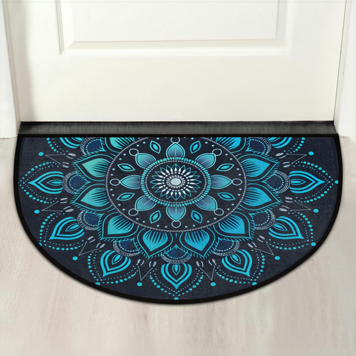 Half Round Doormat Semi Circle Rug Blue Mandala Elegant Non Slip Indoor Outdoor Entrance Half Moon Rug Absorbent Durable Washable Front Floor Mat for Kitchen Bathroom Patio Fireplace (D:vintage Mandala)
