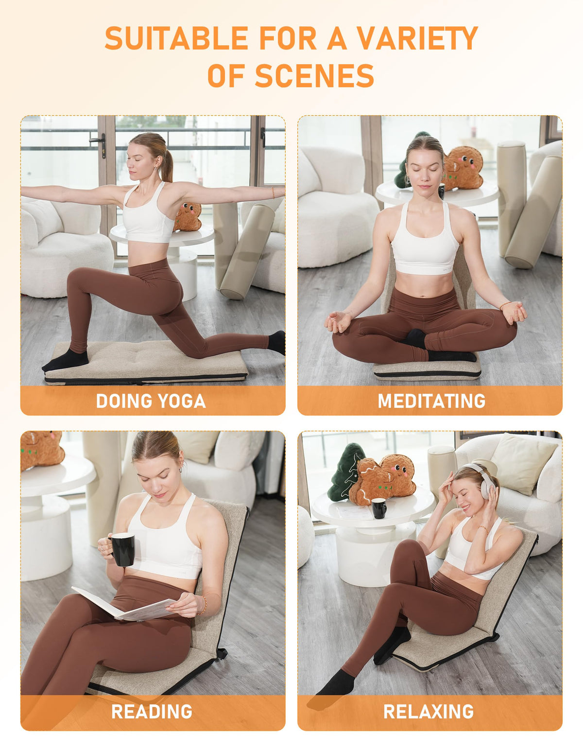 Adjustable Floor Chair with Back Support Foldable Meditation Chair (Coffee)
