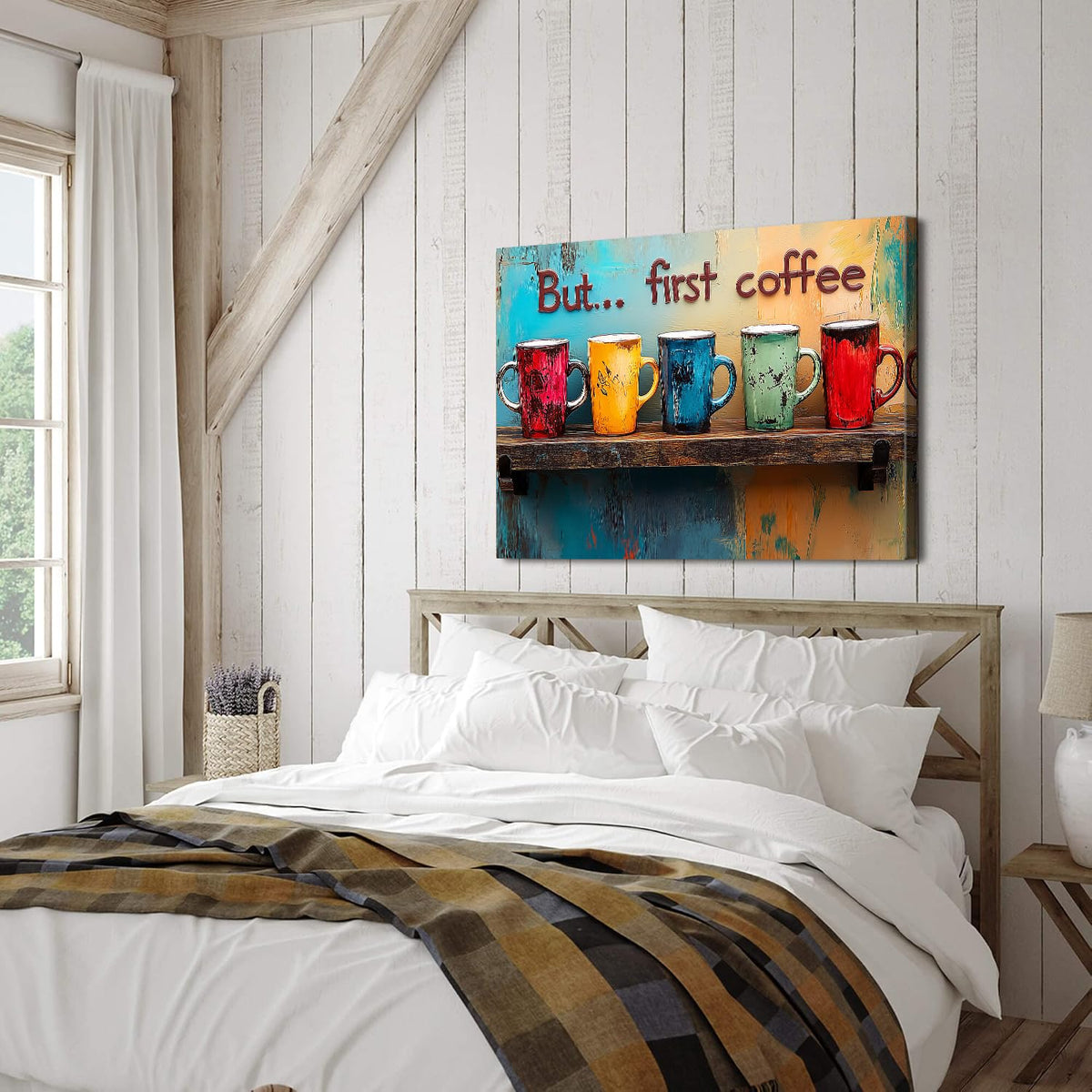 Colorful But First Coffee Sign Wall Art Kitchen Wall Decor Coffee Bar Station Decor Abstract Colorful Mugs Picture Prints Canvas Watercolor Cafe Cup Painting Artwork for Dining Room Decoration 24x36” (36"L x 24"W / BFCOFEE)