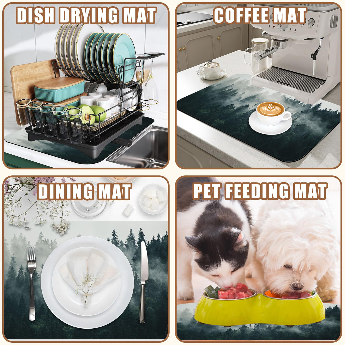 Foggy Forest Coffee Mat Absorbent Dish Drying Mat for Kitchen Counter Hide Stain Rubber Backed Coffee Bar Accessories Fit Under Espresso Machine Dish Drainer (11.8" x 19.7")