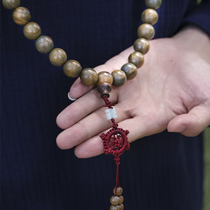 10mm Natural Green Sandalwood 108 Mala Beads Necklace for Men Buddhist Prayer Beads Bracelet with Dharmacakra (10mm Beads)