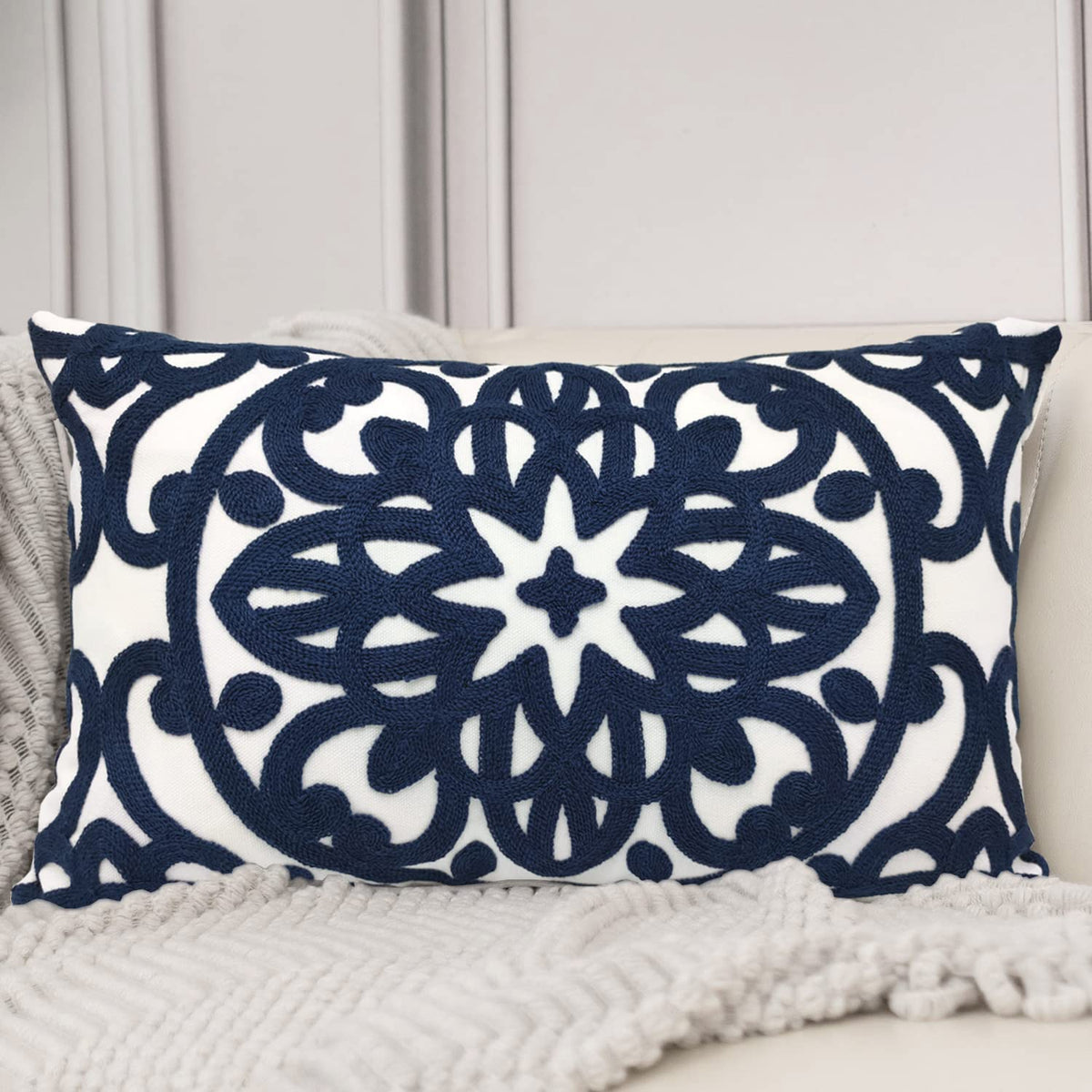 Boho Embroidered Lumbar Throw Pillow Cover 12"x 20" (Navy / 20" x 12" (Pack of 1))