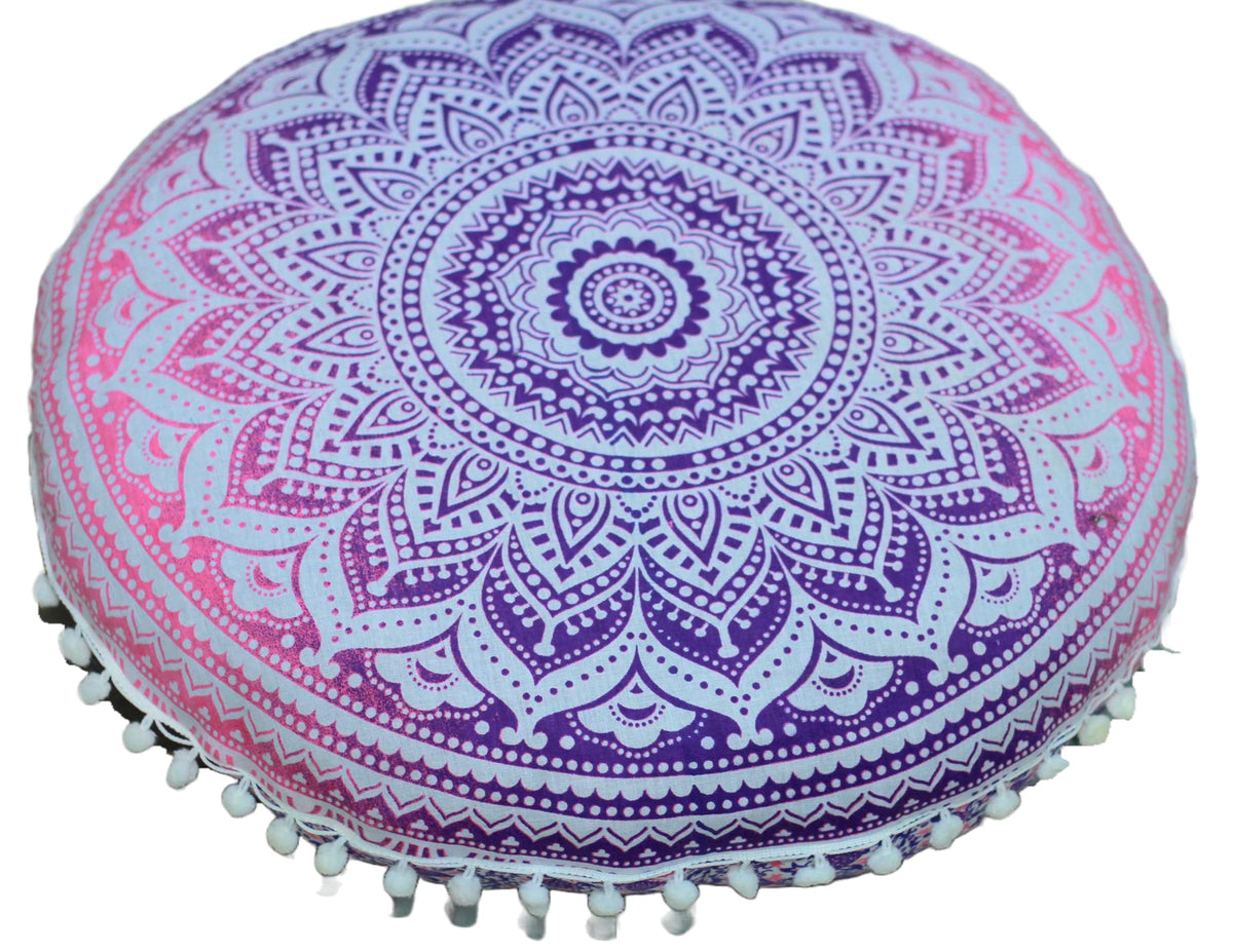 Round Mandala Floor Pillow Cover Seating Cushion Throw Ottoman Pouf Cover Pom Pom Pillow Cases Hippie Decorative Bohemian Boho Indian 22 Inches (Pink White)