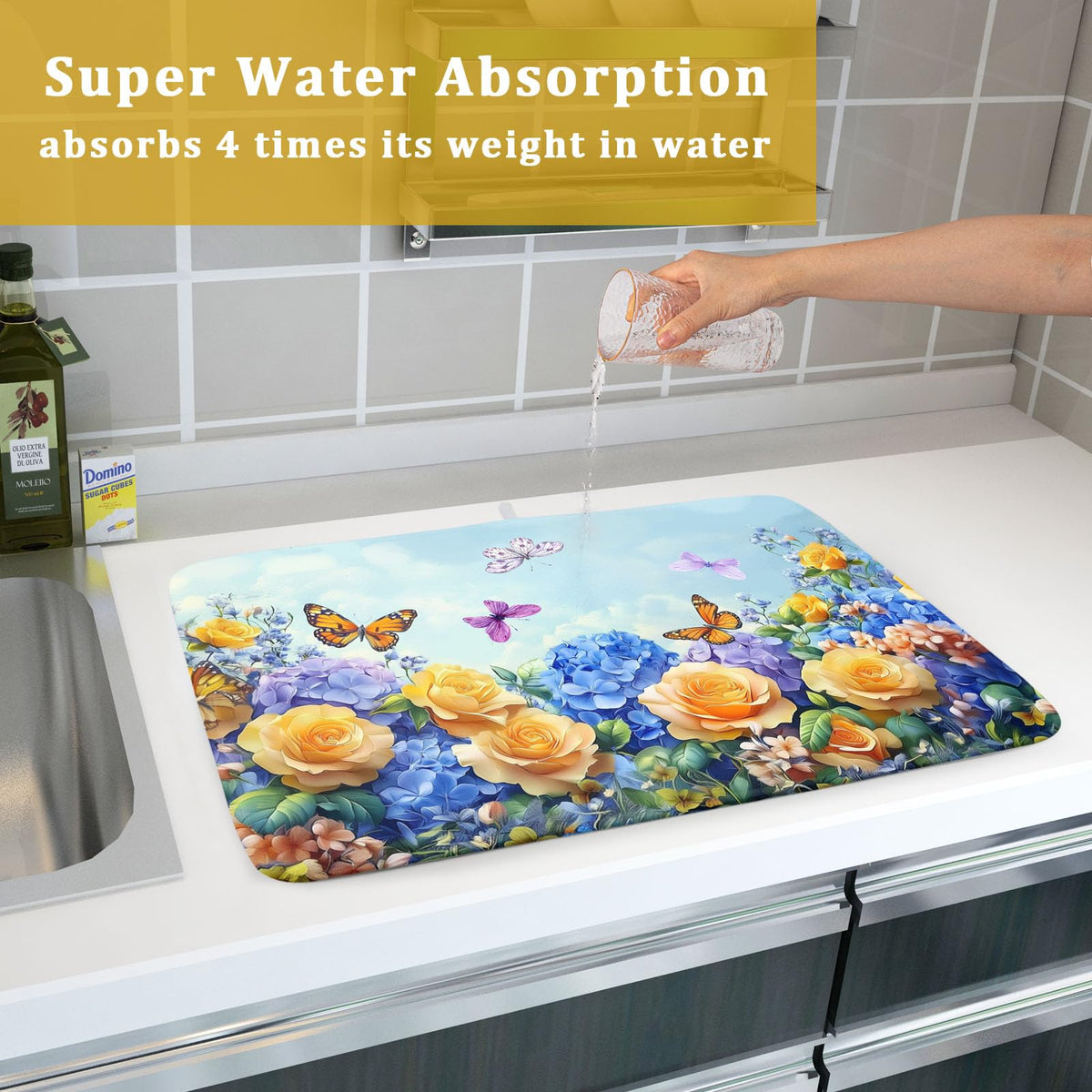 Spring Blue Yellow Hydrangeas Flowers Dish Drying Mat for Kitchen Counter (Hydrangeas Flowers / 18" x 24")