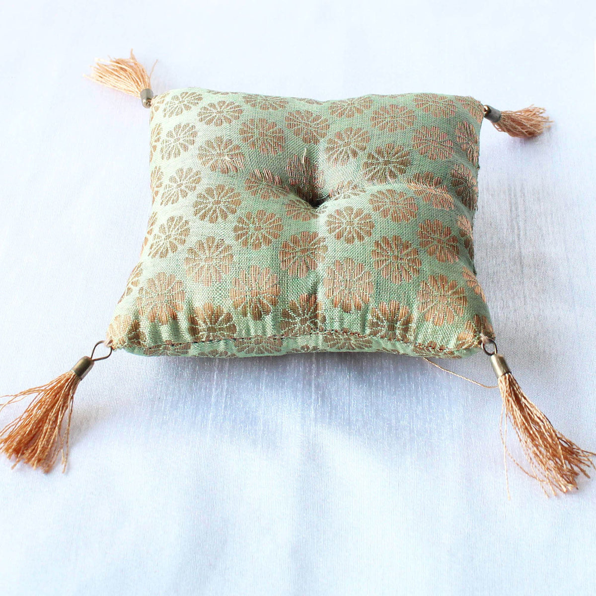 Cushion For Tibetan Singing Bowl Green Handmade Square Cushions Brocade Art Silk Home Decor Decoration Jewelry Statue (5" x 5" Inch / Mint Green)