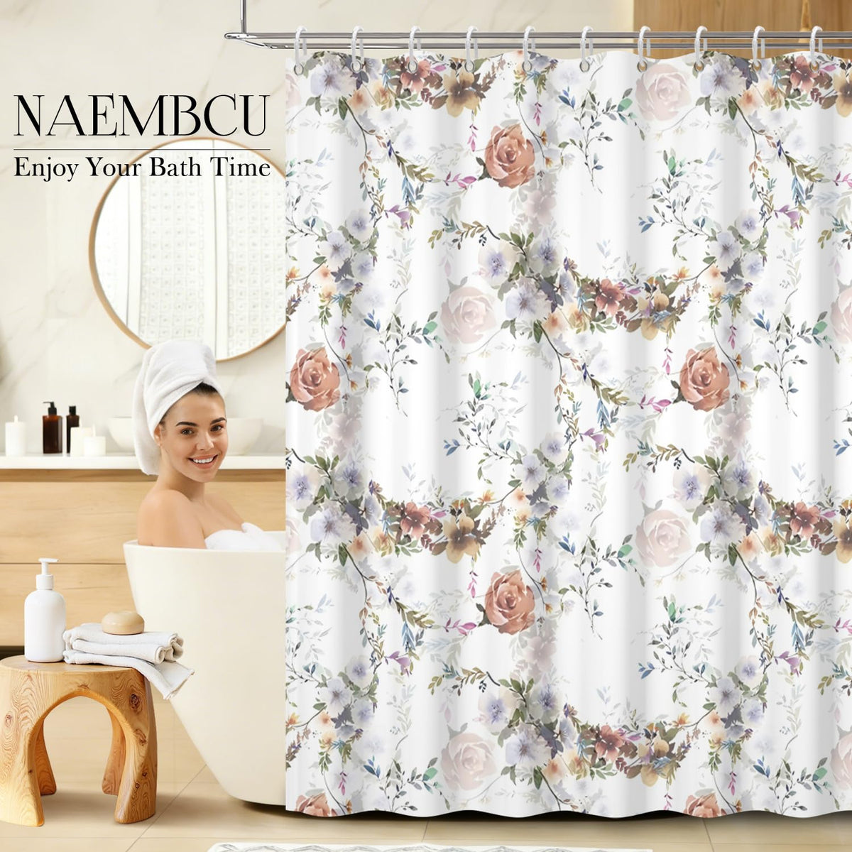 NAEMBI Vintage Floral Shower Curtain 71x74 Inch (Floral-n)