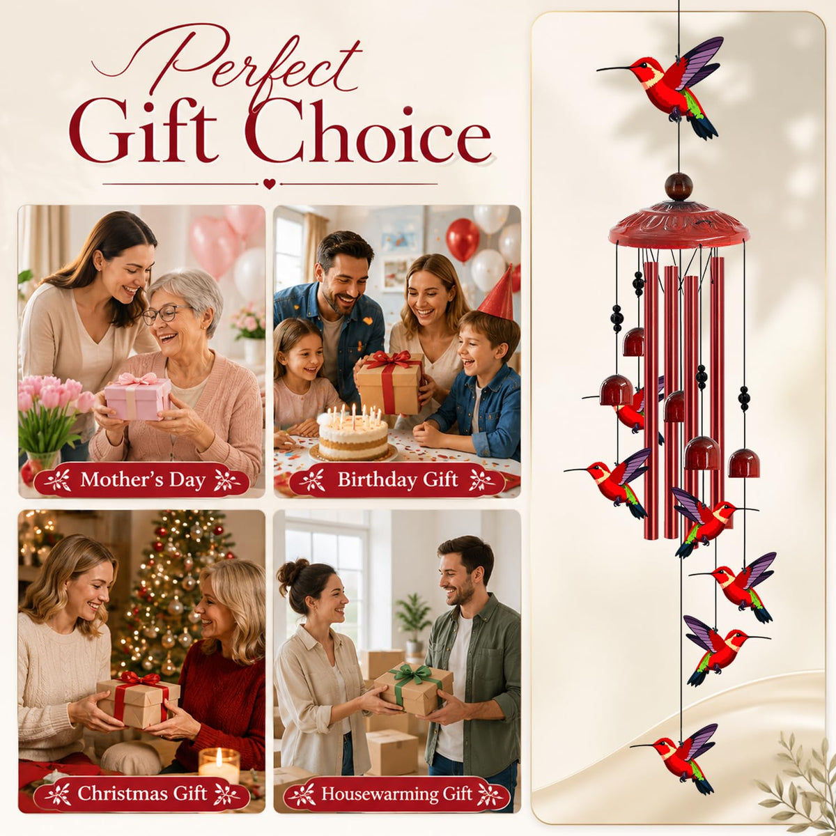 Hummingbird Wind Chimes for Outside (35"Red hummingbird)