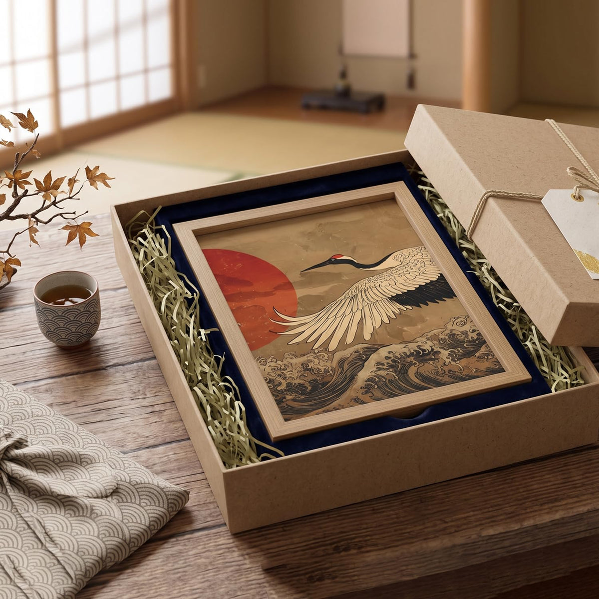 Framed 3Pcs Japanese Style Canvas Wall Art Crane Red Sun Wave Decor (white wild goose / 16"L x 12"W)