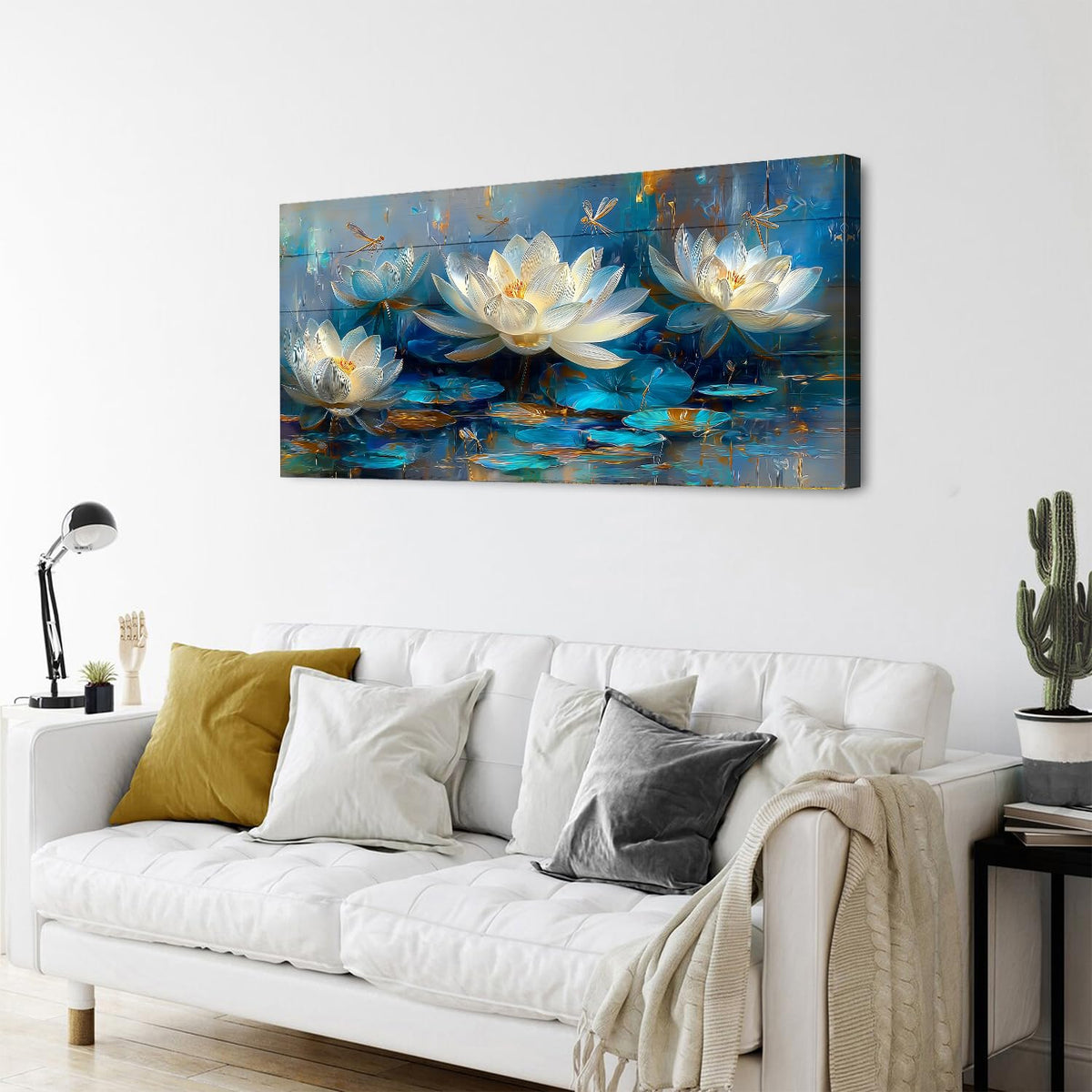 Blue White Lotus Flower Wall Art Zen Wall Decor Abstract Nature Picture for Yoga Living Room Watercolor Floral Painting Farmhouse Botanical Dragonfly Artwork Spa Meditation Room Decoration 24x48" (48"L x 24"W / Lotus Flower)