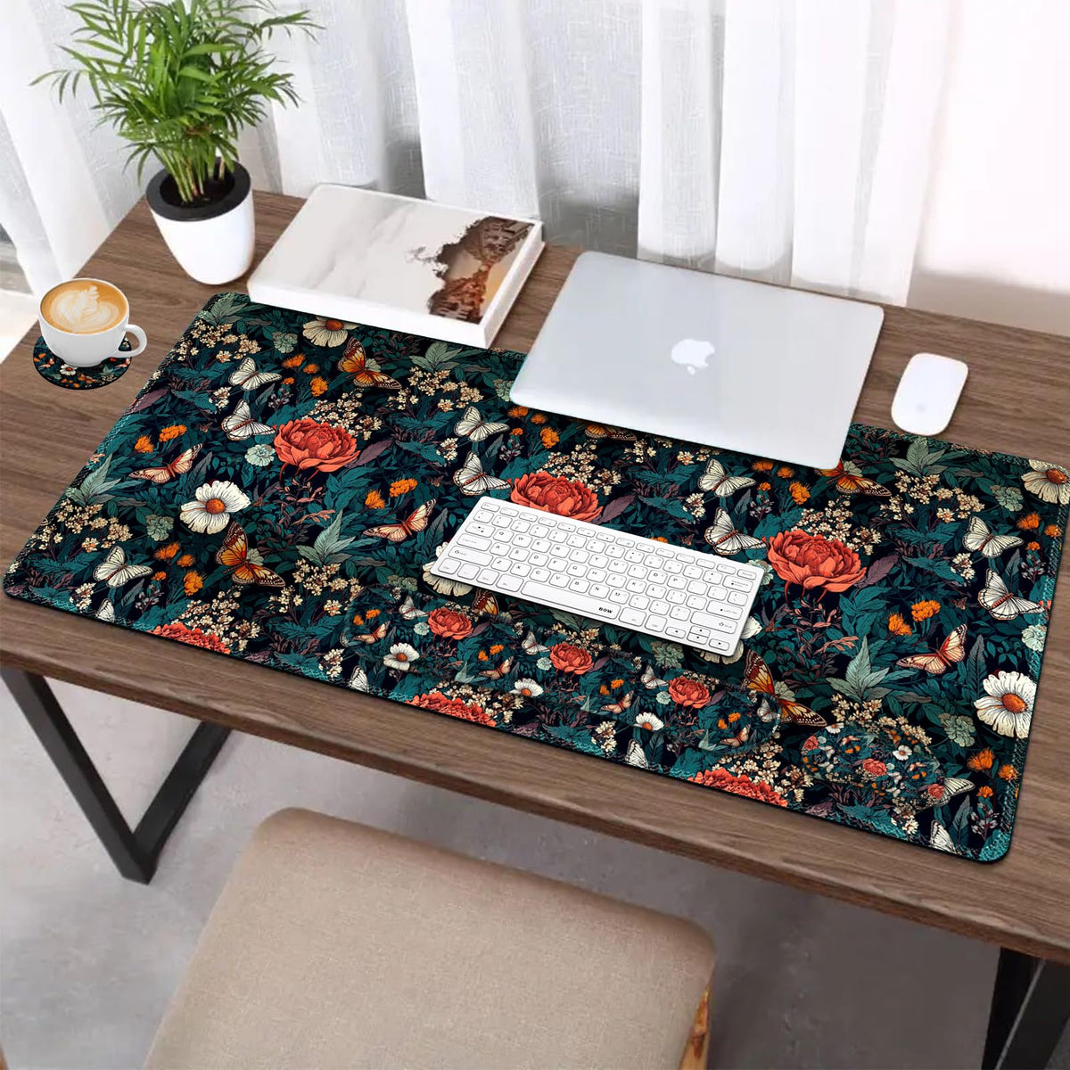 XXL Large Gaming Mouse Pad Set with Wrist Rest (Retro Floral Butterfly)