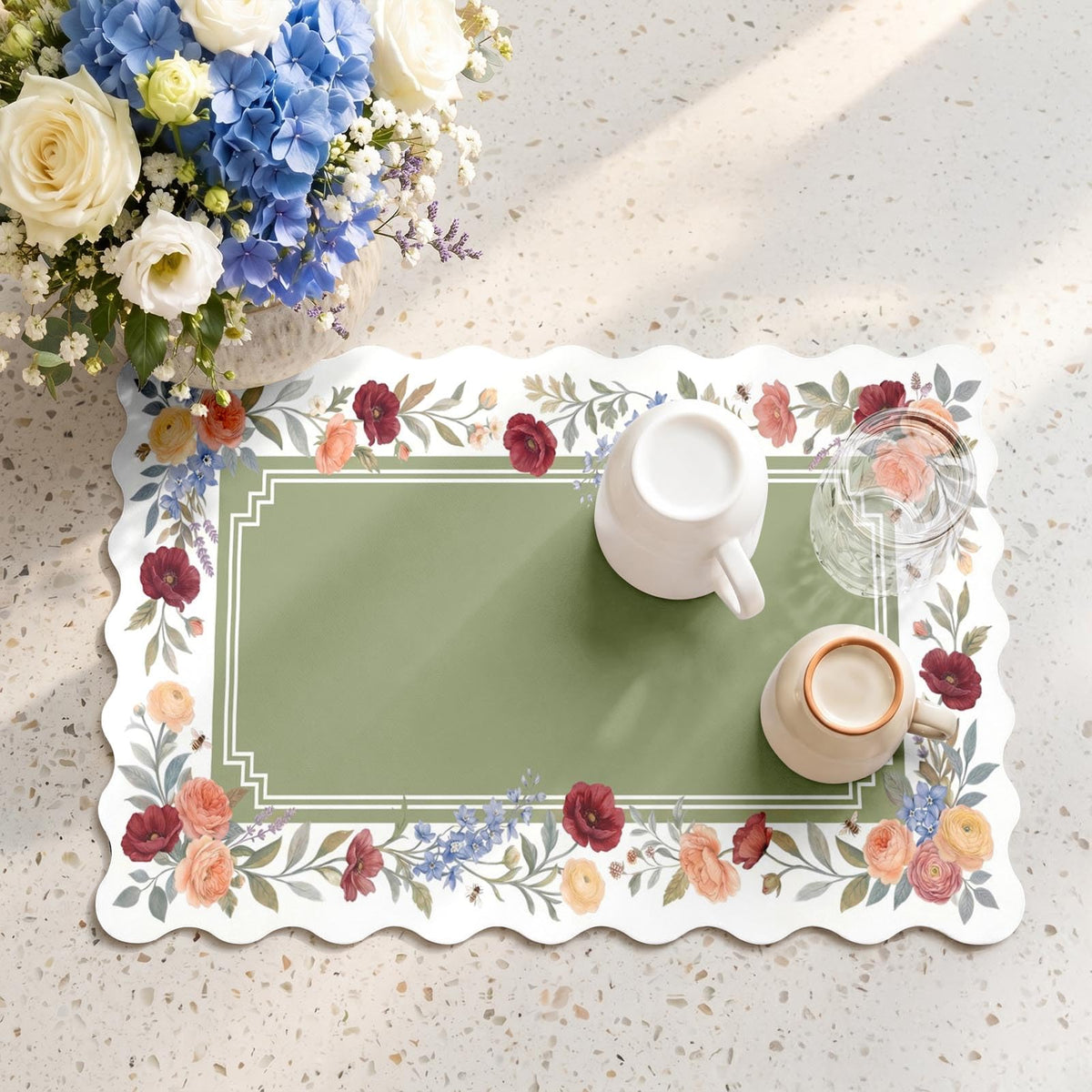 Scalloped Dish Drying Mat 2 (Vintage Floral / 12x19 inch)
