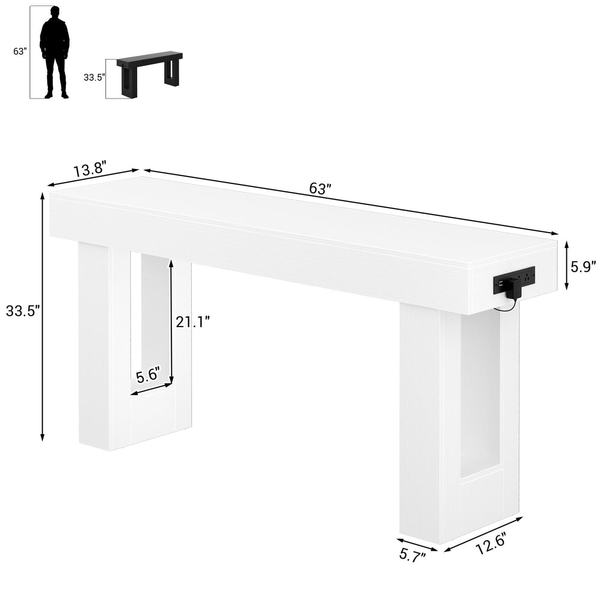 63" Console Table with Sensor Light & AC Outlets with USB (Pure White / 63IN)