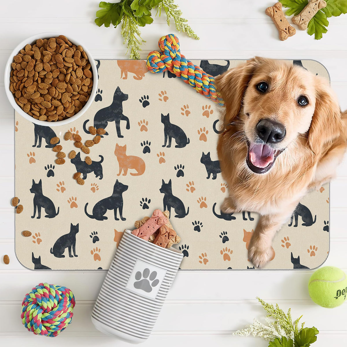 Cute Cat Paw Prints Dog Food Mat for Floors (20"L x 20"W / Cute Cat Dog Paw Boho)