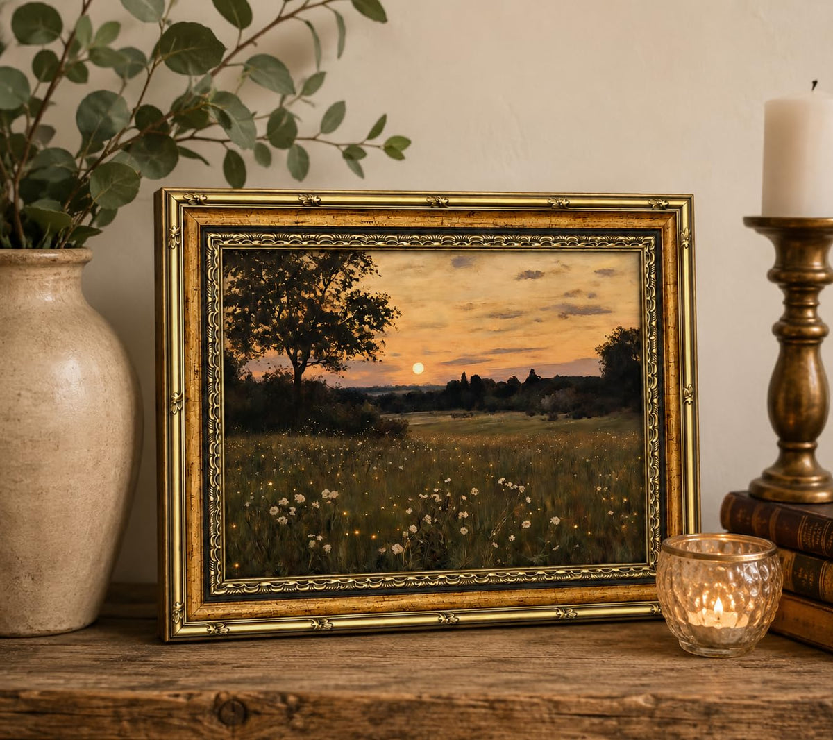 Framed Vintage Floral Wall Art Sunset Flower Field Canvas Print Poster Country Gallery Style Landscape Painting Living Room Bedroom Farmhouse Wall Decoration 8x10 Inches Ready To Hang Or Tabletop (Flowers - 10 / 8x10in)