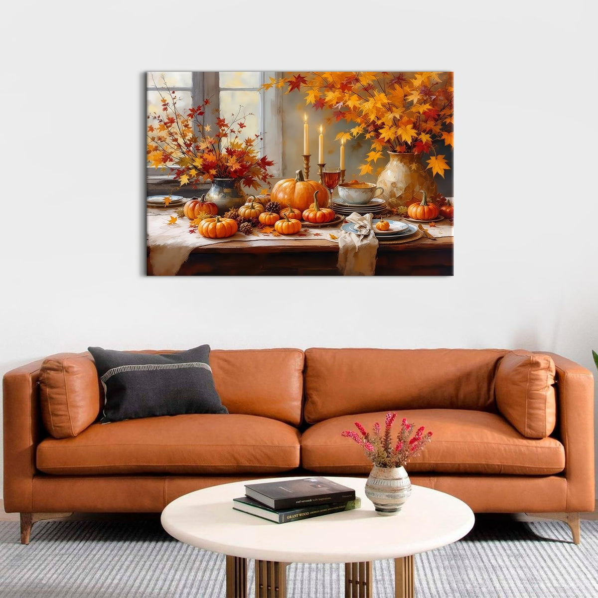 Rustic Pumpkin Wall Art Fall Themed Maple Leaves Wall Decor Farmhouse Autumn Painting Vintage Farm Fall Harvest Canvas Prints Still Life Pictures Artwork for Kitchen Dining Room Home Decoration 32x48" (48"L x 32"W / Pumpkin)