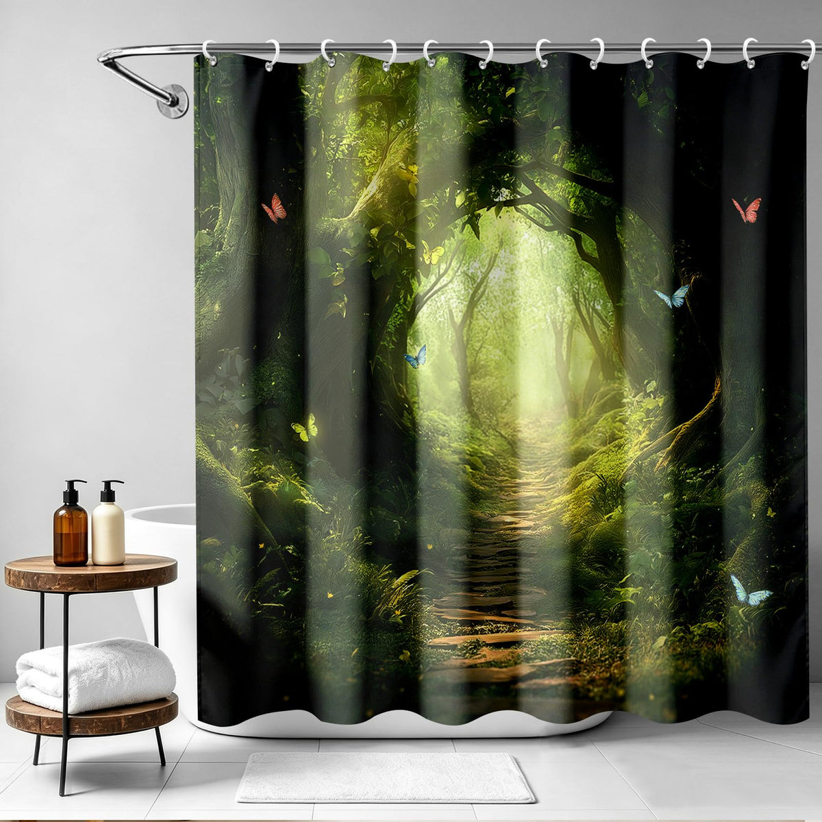 Enchanted Forest Shower Curtain Magical Woodland Path Sun Rays Butterfly Wildflower Garden Aesthetic Fantasy Bathroom Decor Bathtub Curtain Fabric Shower Curtain Set with 12 Hooks (Enchanted Forest Path / 72"W x 72"L (Pack of 1))