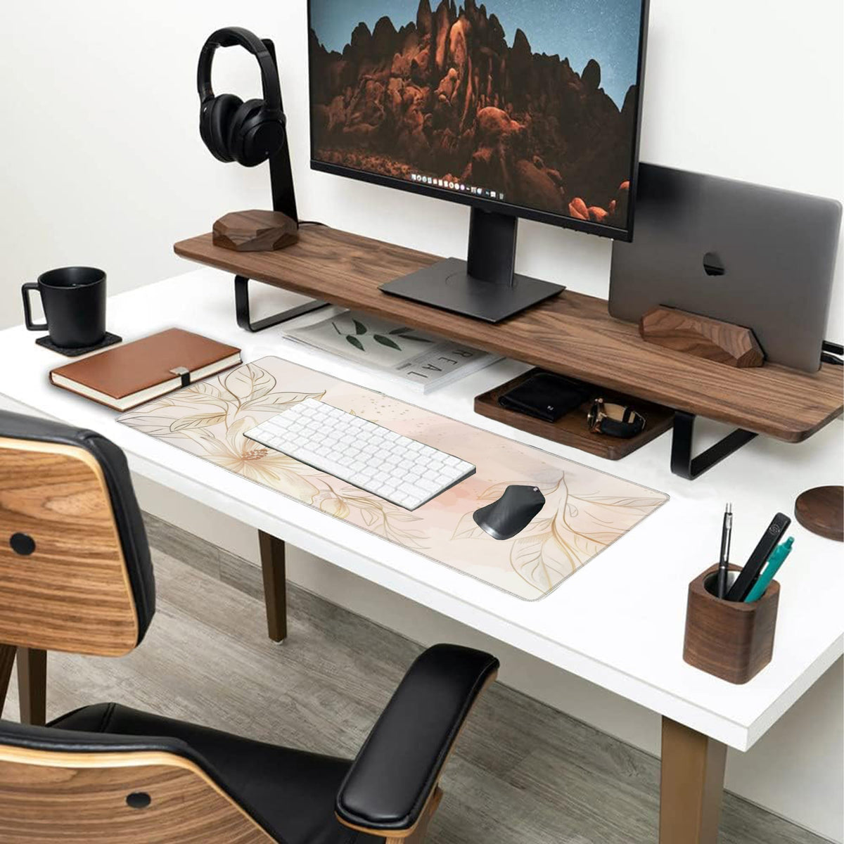 Desk Mat Minimalist Flowers and Leaves Large Gaming Mouse Pad for Desk XL (11.8" x 31.5" / Minimalist Flowers and Leaves)