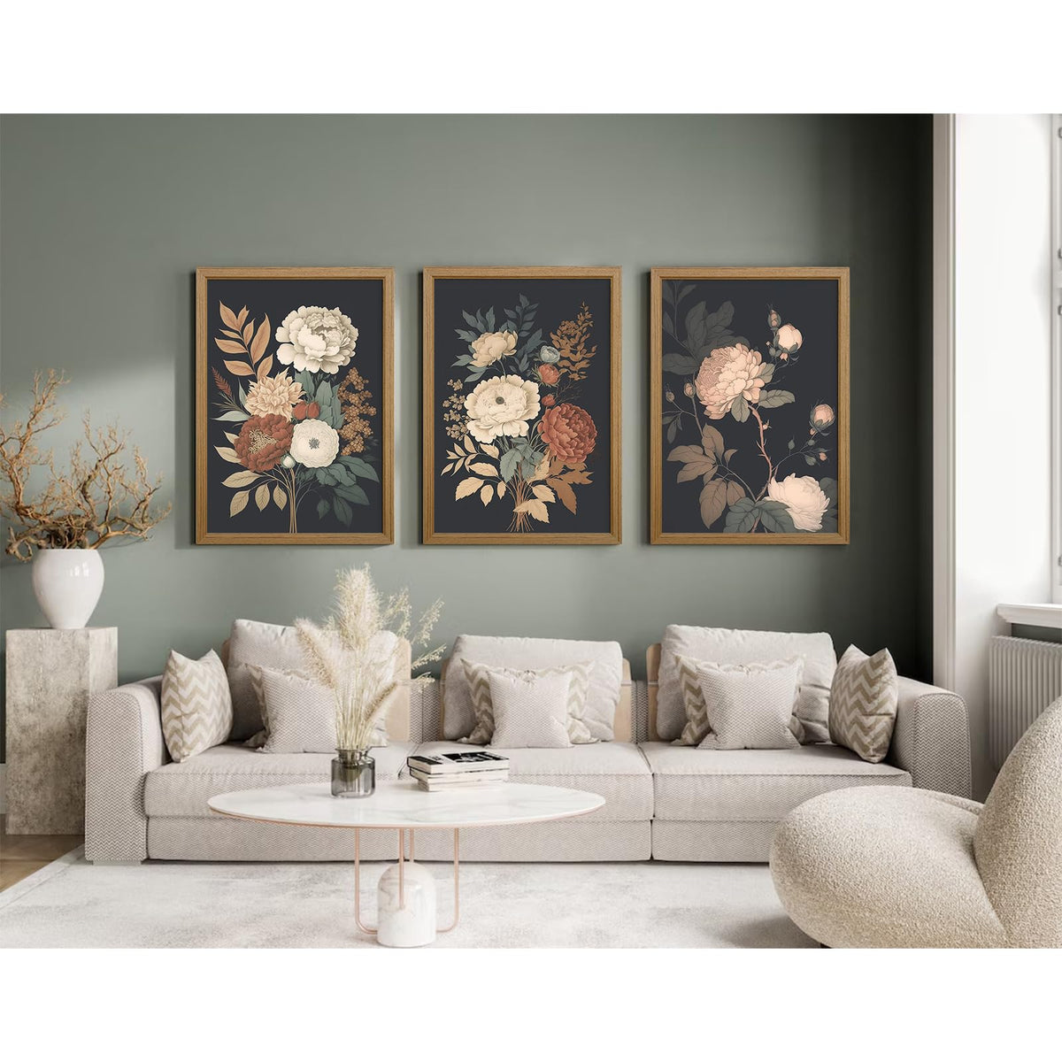 Vintage Flower Wall Art Dark Floral Canvas Wall Art Botanical Farmhouse Prints Black Flower Pictures Wall Decor Moody Floral Artwork Painting for Living Room Bedroom 16x24 Inch Wood Framed Set of 3 (Vintage Flower Prints Art / 16x24 Inch Framed)