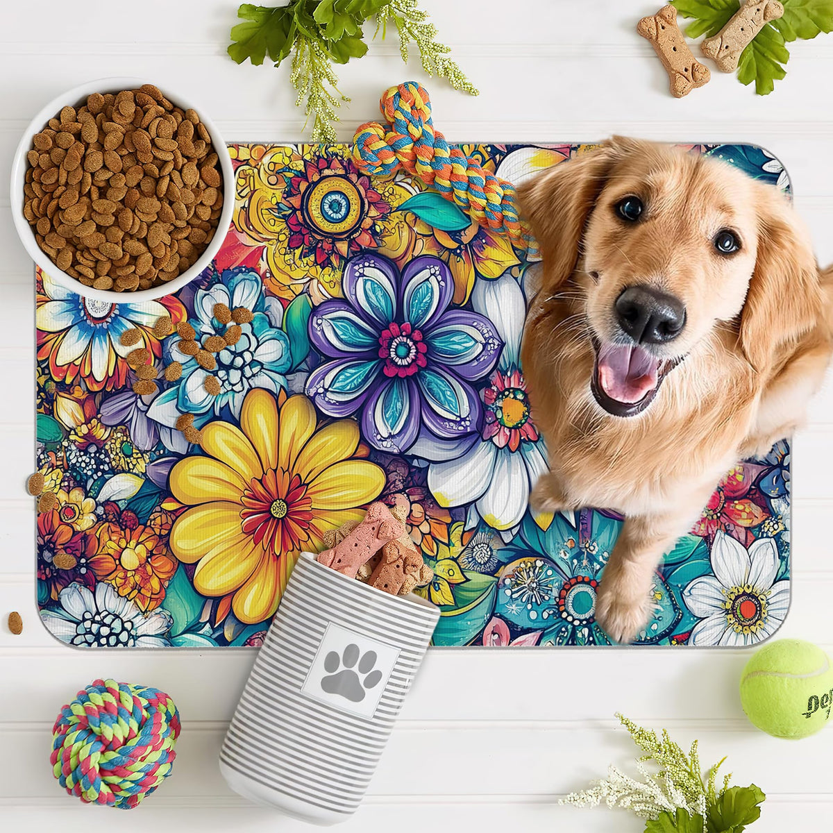 Floral Dog Food Mat for Floors (12"L x 20"W / Floral Cute Mandala Flower)