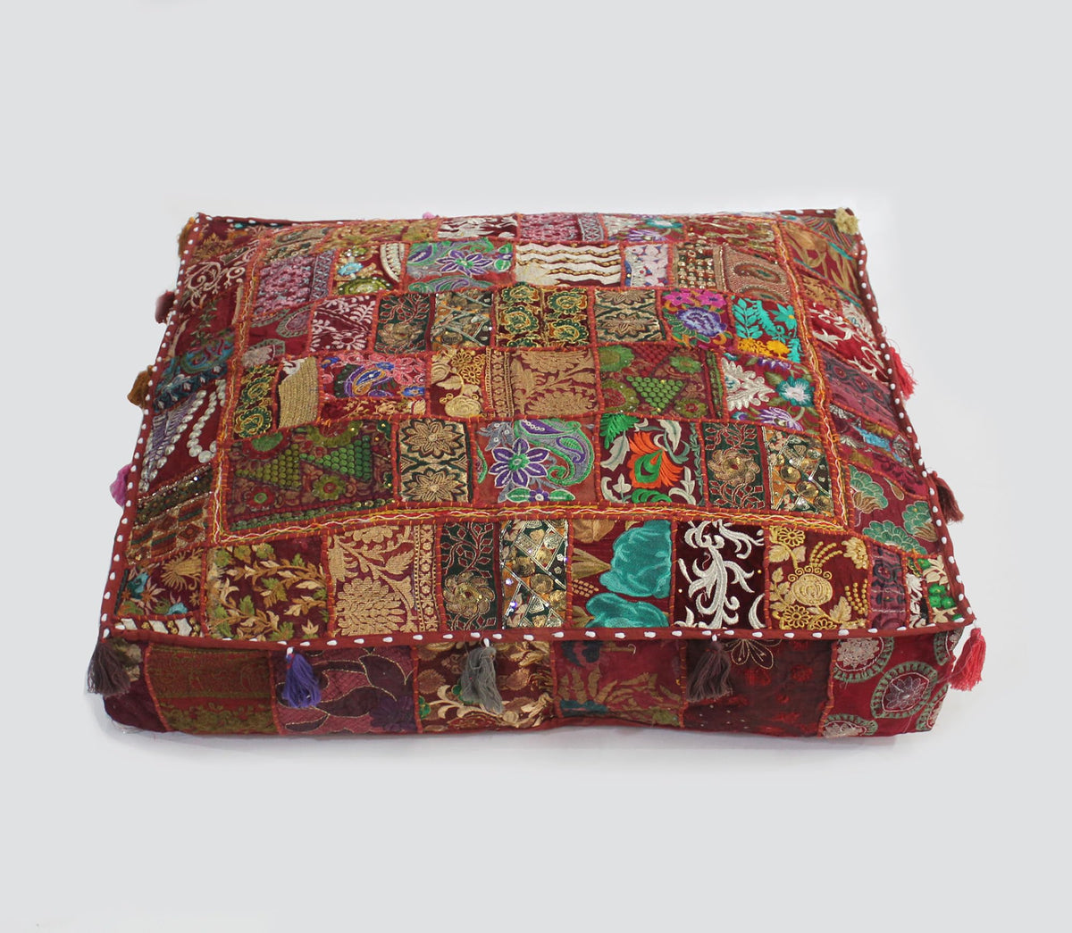 Indian Square Patchwork Traditional Pouf Cover Indian Living Room Poufs Decorative Embroidered Designer Ottoman Home Living Footstool Chair Cover Decor Pillow Cover 35 inches (35"D x 35"W x 5"H / Dark Red)