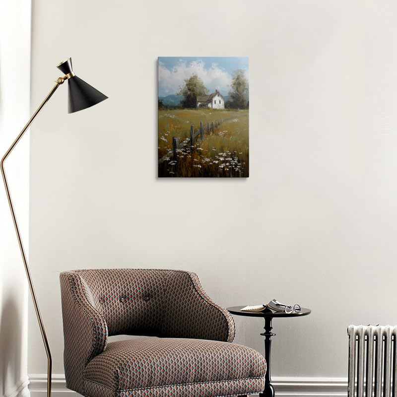 Calming Country Farmhouse Canvas Wall Art Framed Serene Landscape Painting White Farmhouse Wooden Fence Wildflowers Vintage Style Textured Brushstrokes Wall Decor Artwork Poster 16x24 Inches (wooden house / 24"L x 16"W)