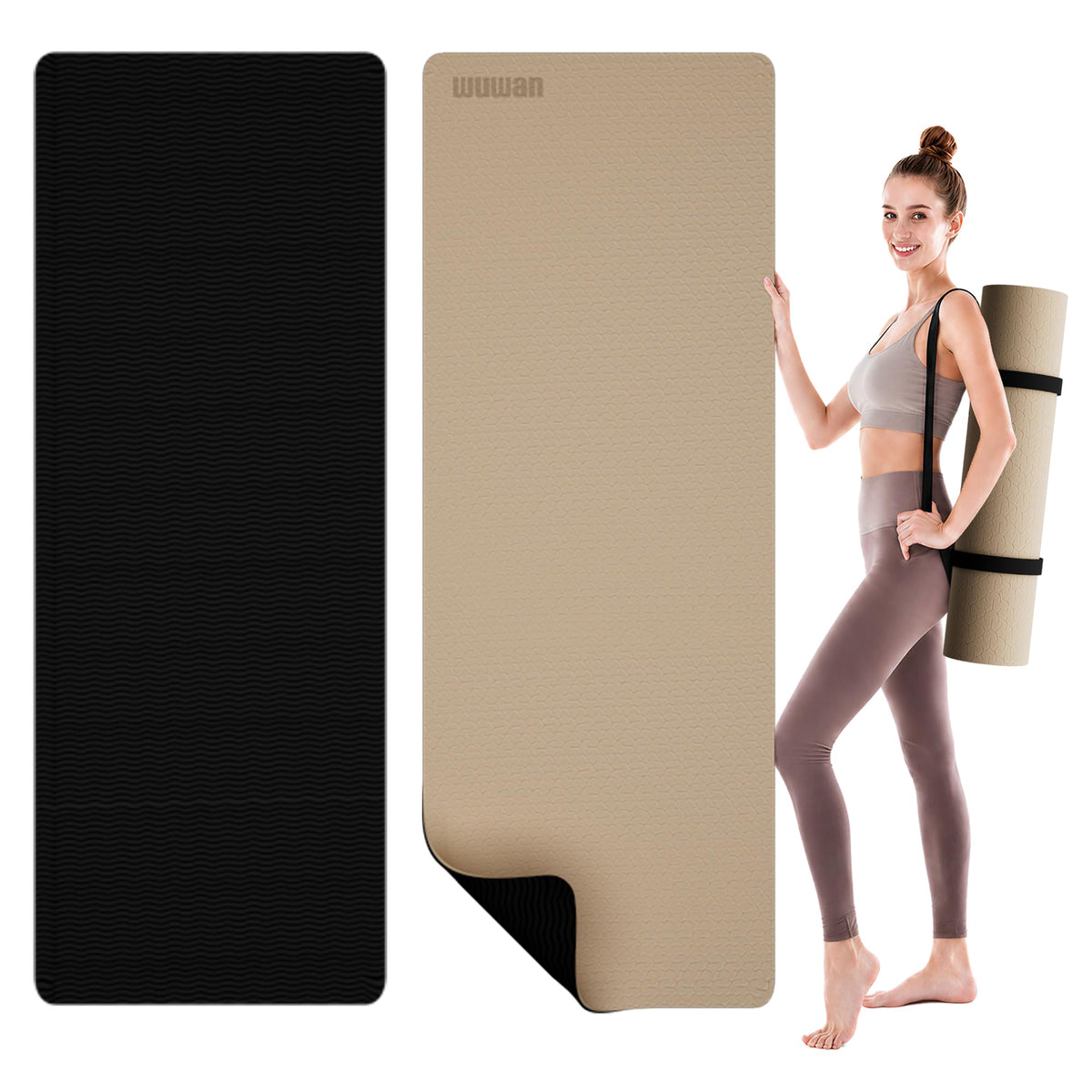 TPE Yoga Mat10mm Thick Wide Exercise Mat for Home Workout Carry Strap (beige)