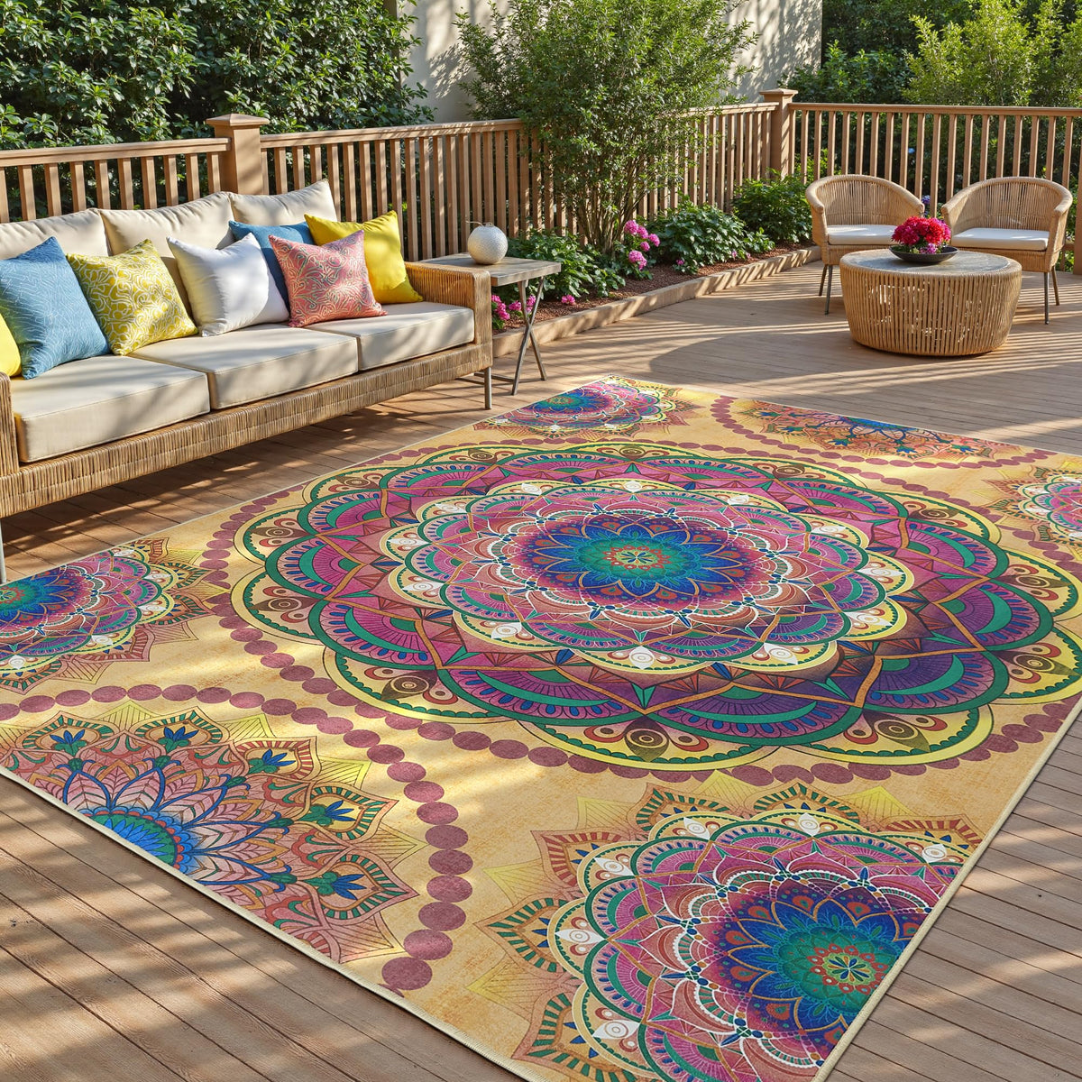 Meditation Indoor Outdoor Rug 8x10 ft Mandala Pattern Rug Boho Style (Khaki / 8 x 10 Feet)