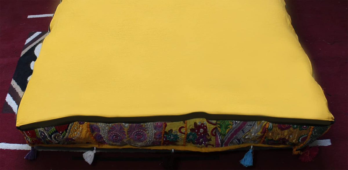 Handmade Square Yellow Patchwork Pouf Cover 35 Inch Ottoman Cover Embroidered Cotton Floor Cushion Cover Boho Indian Decorative Floor Pillow Meditation Cushion for Living Room Bedroom (35"D x 35"W x 5"H / Yellow)