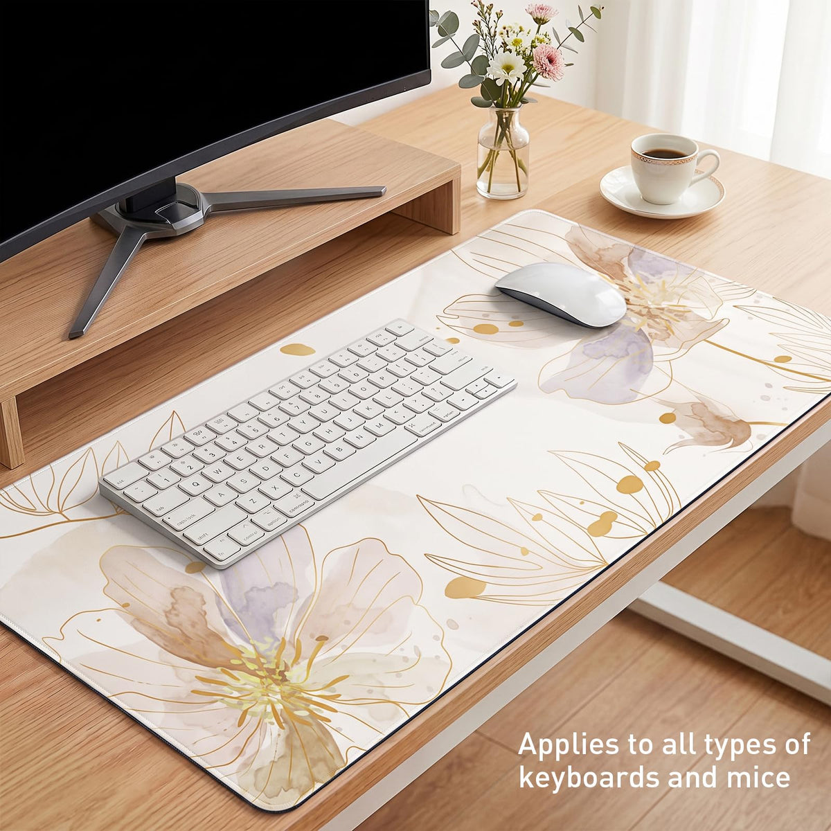 Gold Desk Mat (Champagne Watercolor Floral / 35.4" x 15.7")