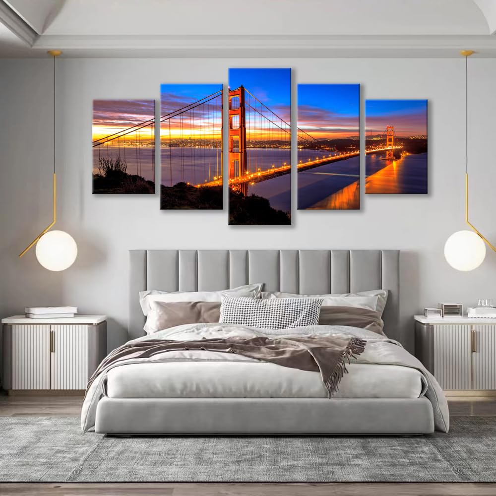 5 Piece San Francisco Blue Sky Golden Gate Bridge at Dusk Canvas Wall Art for Bedroom (16x24inchx2,16x32inchx2,16x40x1 / Artwork9)
