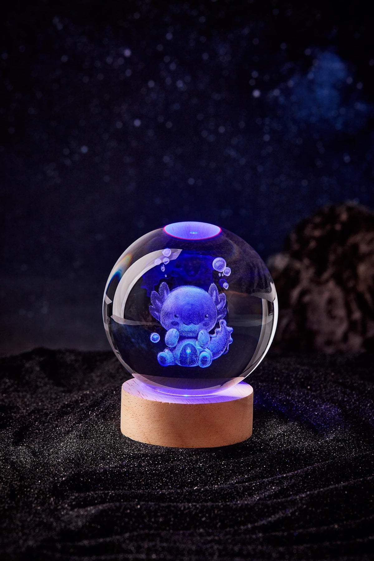 Large Axolotl Crystal Ball Night Light with Woodern Base (axolotl B)