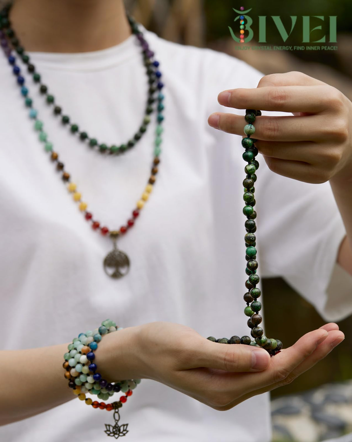 108 Mala Beads Necklace 7 Chakra Semi (6mm / Life Tree - African Turquoise)