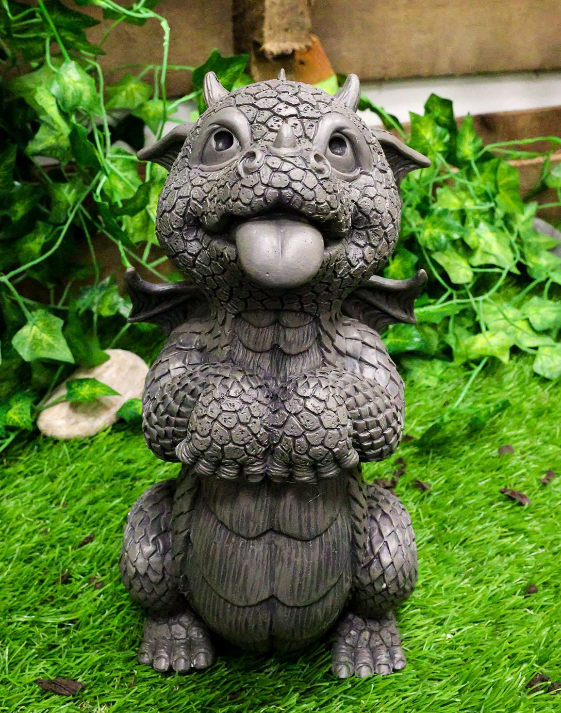 Ebros Whimsical Garden Dragon Begging for Attention Statue 10.25" H Cute Baby Dragon Panting Faux Stone Resin Finish Figurine Dungeons and Dragons Mythical Fantasy Sculpture Guest Greeter Home Decor (Panting)