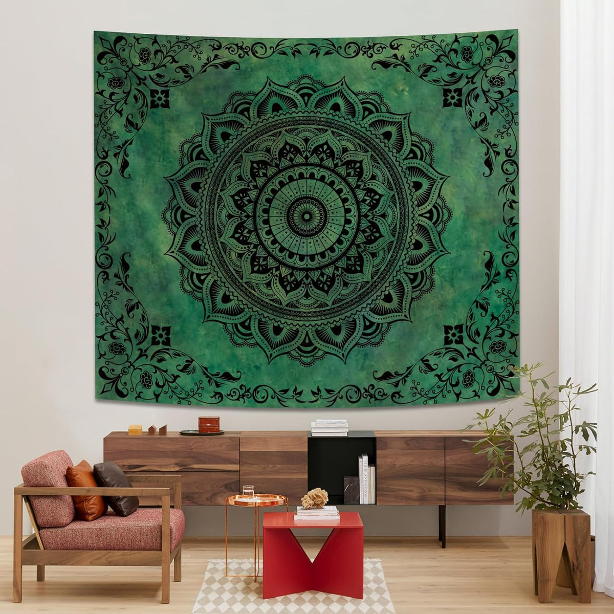 Green Hippie Tapestry Wall Hanging (Green Mandala Tapestry / 79"L x 60"W)