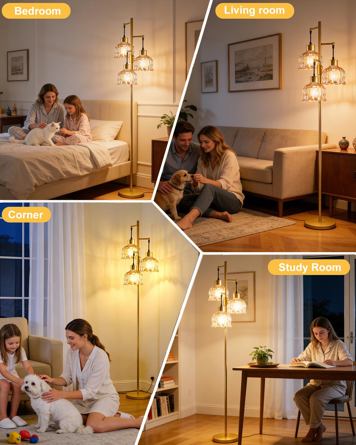 Floral Floor Lamp Dimmable Floor Flower Lamp Amber Glass Shade (3 Amber Cloche Hat-Gold)