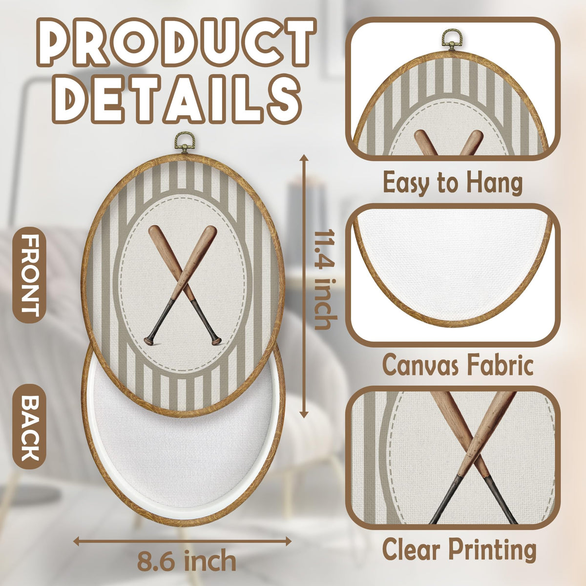 Vintage Baseball Nursery Oval Wall Art Decor Products (Colour10)