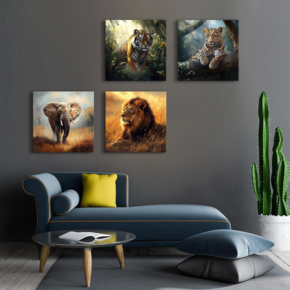 Forest Animal Wall Art Elephant Lion Tiger Panther Wall Decor for Kid Bedroom Abstract African Wildlife Photography Prints Nature Pictures Canvas Framed Bathroom Living Room Home Decorations 20x20 4P (20"L x 20"W / Wild Animals)