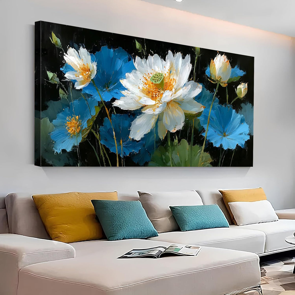 Large Abstract Lotus Flower Canvas Wall Art for Living Room Vintage Floral Picture Boho Decor Blue and White Zen Lotus Painting Meditation Room Artwork Poster Kitchen Office Decorations 30x60” (60"L x 30"W / Blue Lotus)