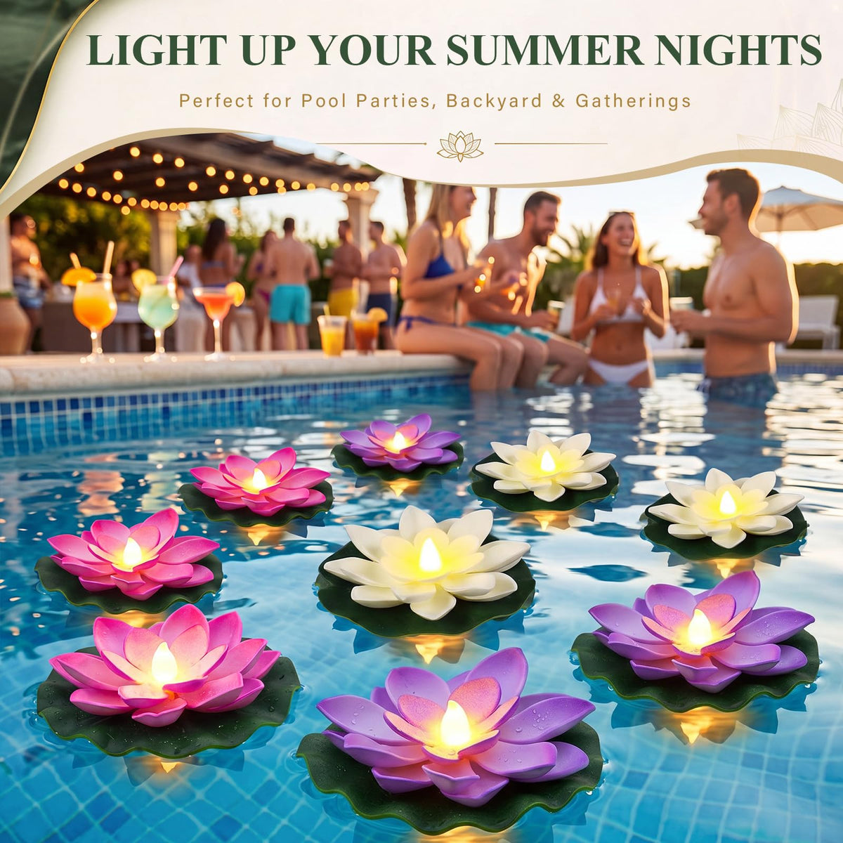 24 Pcs Diwali Floating Lotus Lights (White,Pink,Purple / 3.94 Inch)