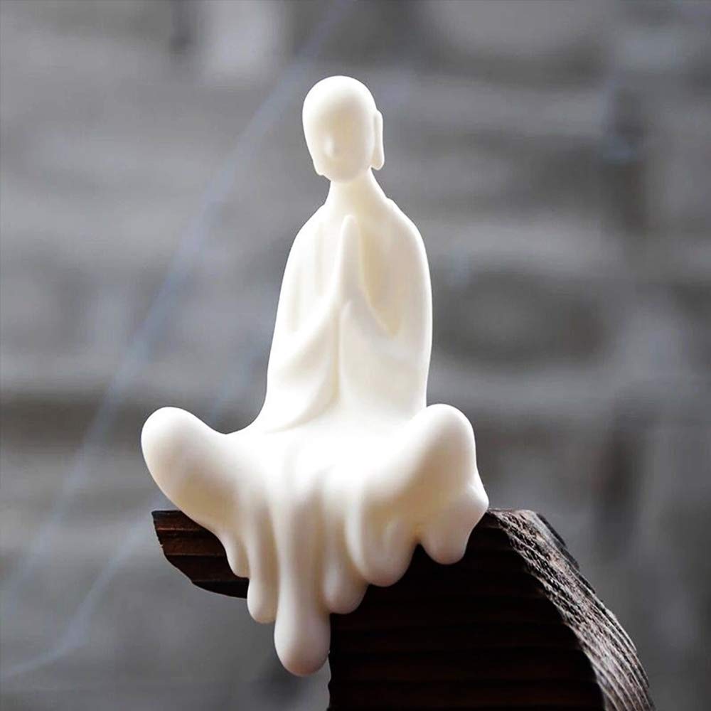 White Ceramic Cute Sitting Buddha Statue Beautiful Sculpture Praying Hands Meditation Monk Figurine Peaceful Little Statue Home Decor Ornaments Delicate Crafts Handmade 4'' Inch Tall
