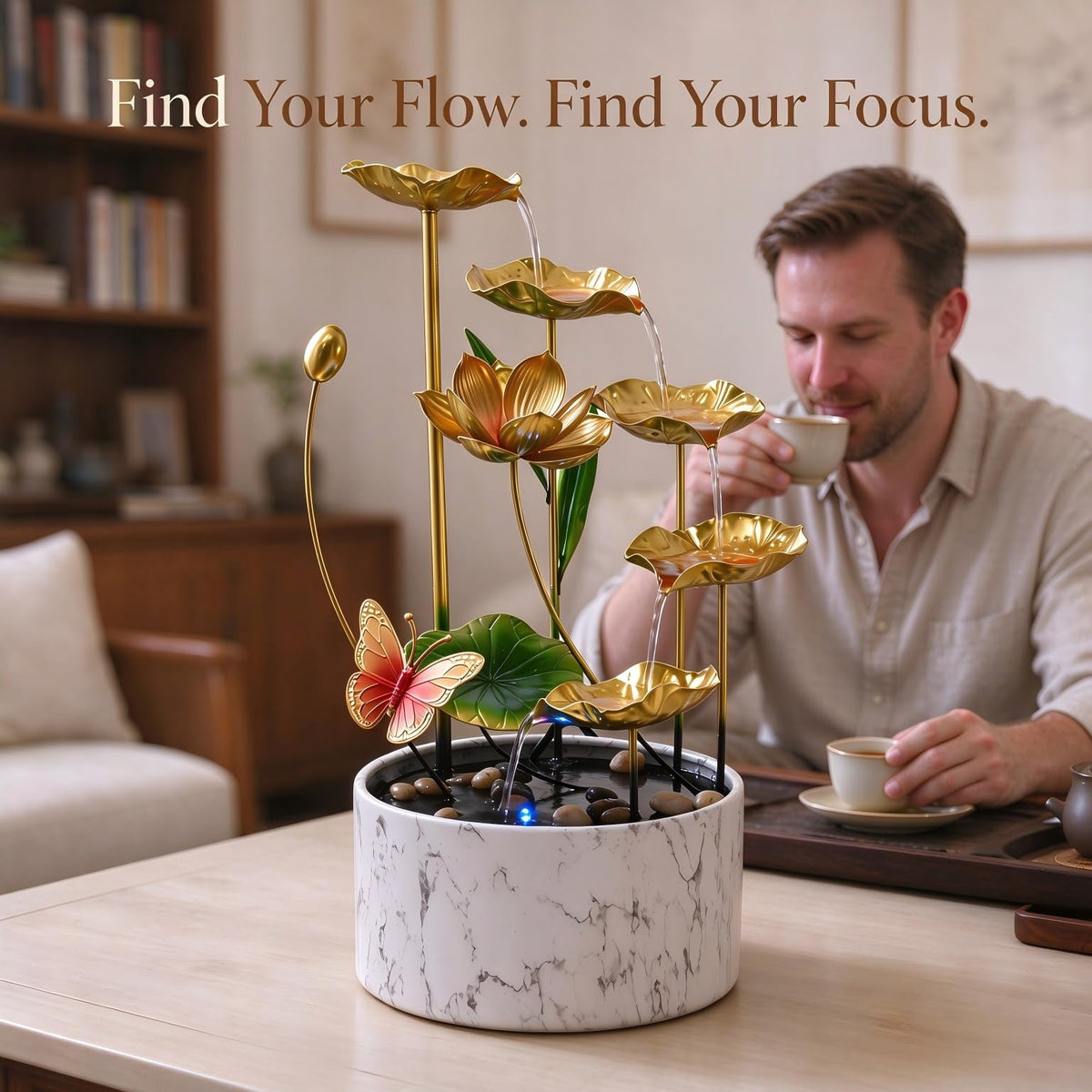 16 Inch Gold LED Metal Tabletop Water Fountain (Large Gold)