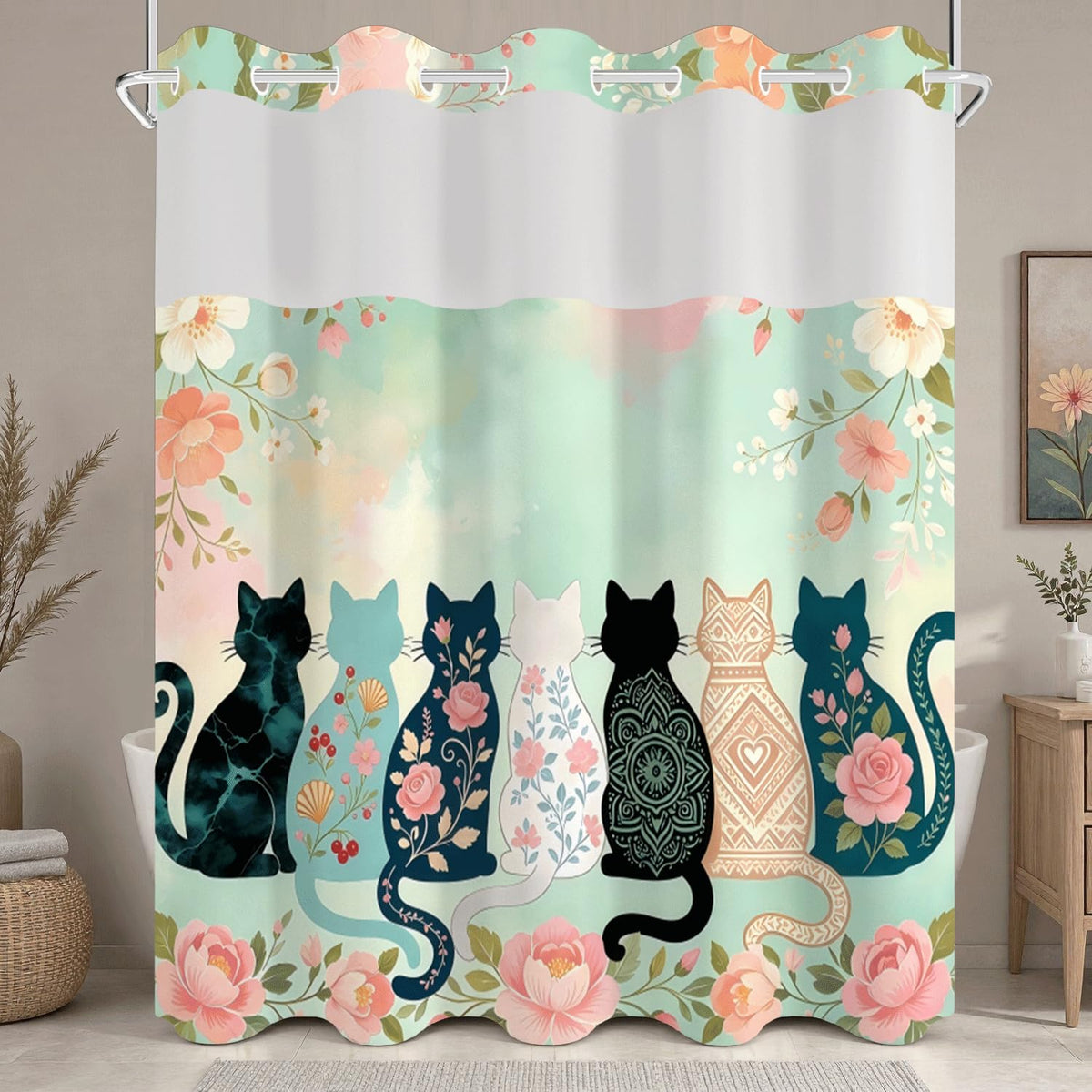 Cat & Floral Shower Curtain with Snap in Liner (Cartoon Cat)