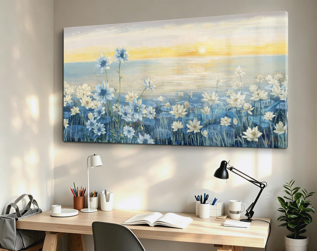 Extra Large Wall Art for Living Room Modern Framed Coastal Beachy Canvas Wall Art Big Floral Sunrise Blue Wall Picture Oversized Lake Nature Sunset Artwork for Office Bedroom Decor 58"x29" (Sunrise Wall Art / 58"L x 29"W)