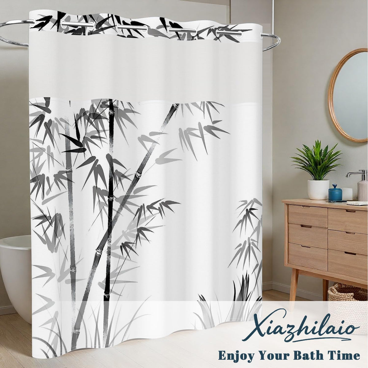 Bamboo No Hook Shower Curtain with Snap in Liner (Bamboo)