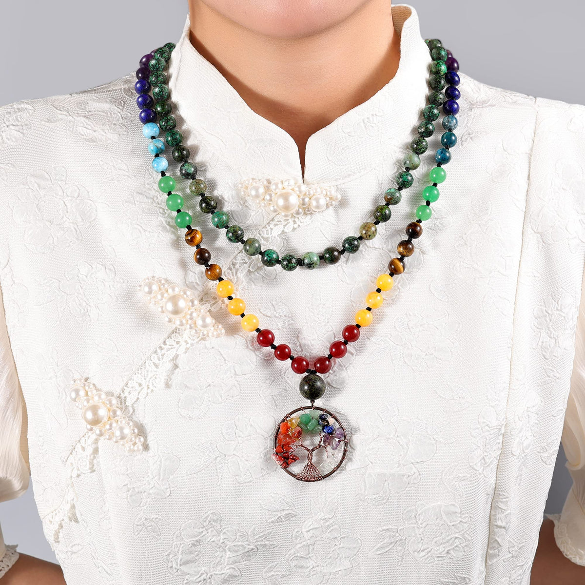 108 Mala Beads Necklace Life Tree 7 Chakra Wrap Bracelet Real Gemstone Yoga Meditation Hand Knotted Mala Prayer Bead Necklace (8mm / African Turquoise)