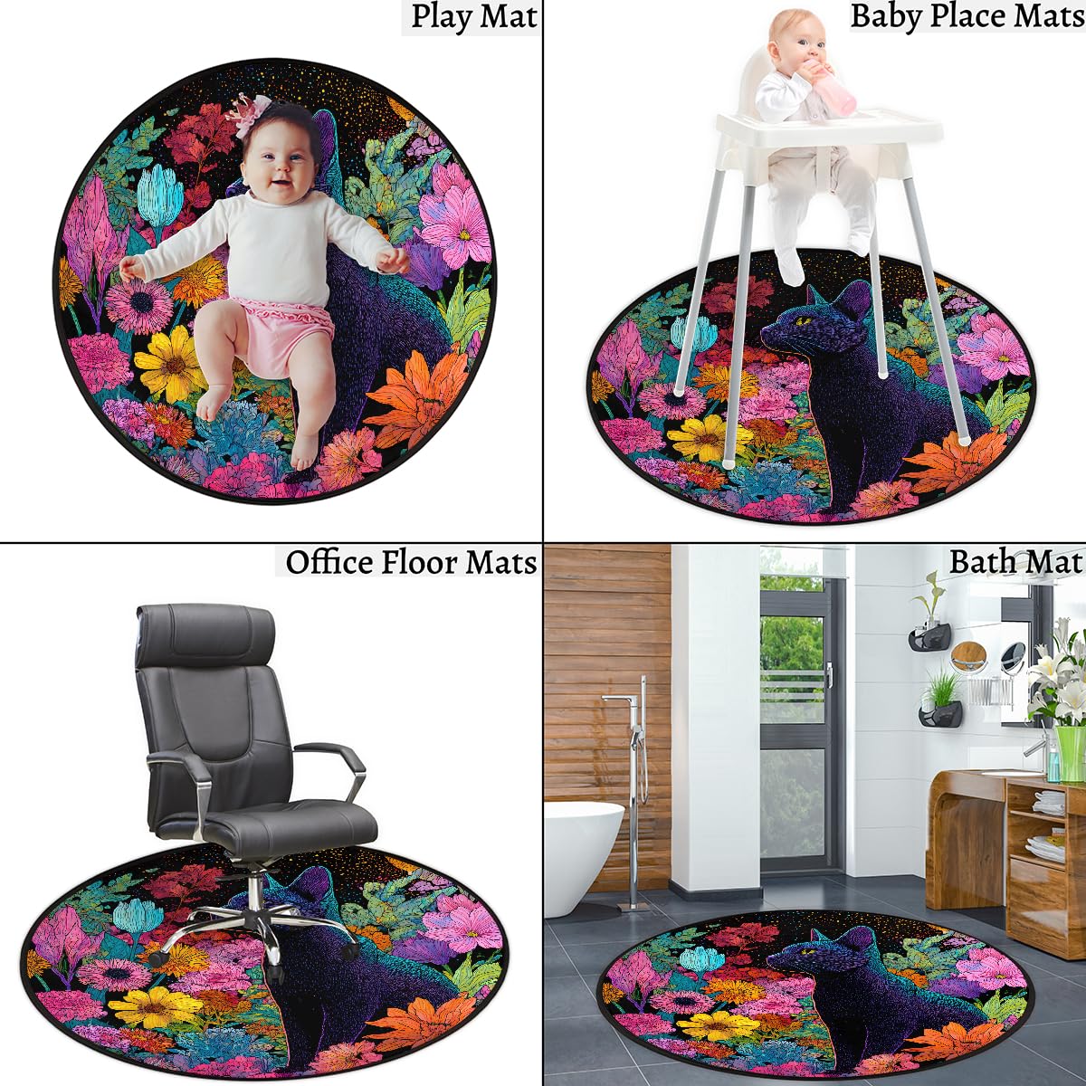 3 Ft Cat Flowers Round Rug Circle Area Rugs Circular Door Mat for Indoor (Color42 / 3' (Round))