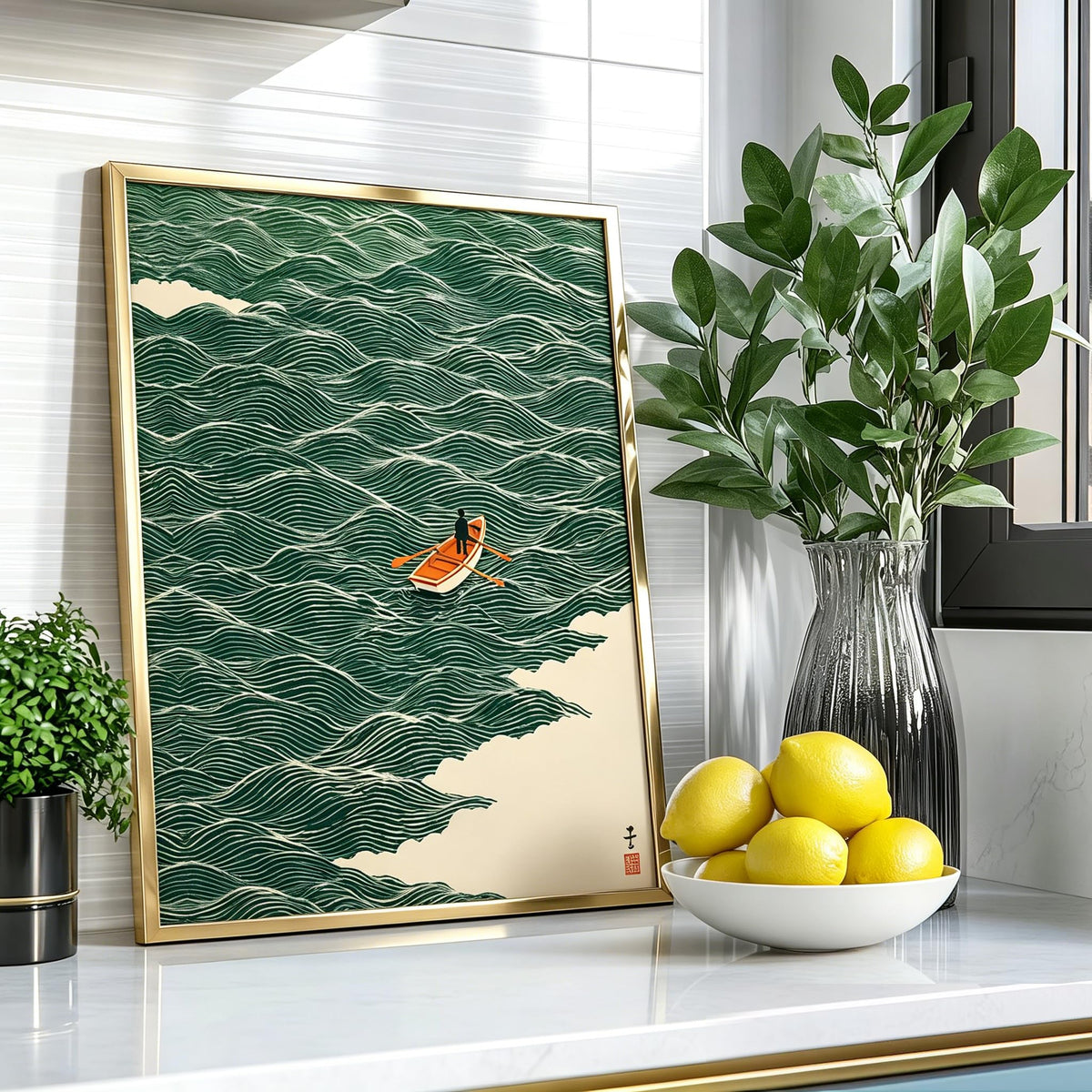 Gold Aluminum Alloy Framed Japanese Green Waves Canvas Wall Art 12X16in (Japanese Waves / 16"L x 12"W)