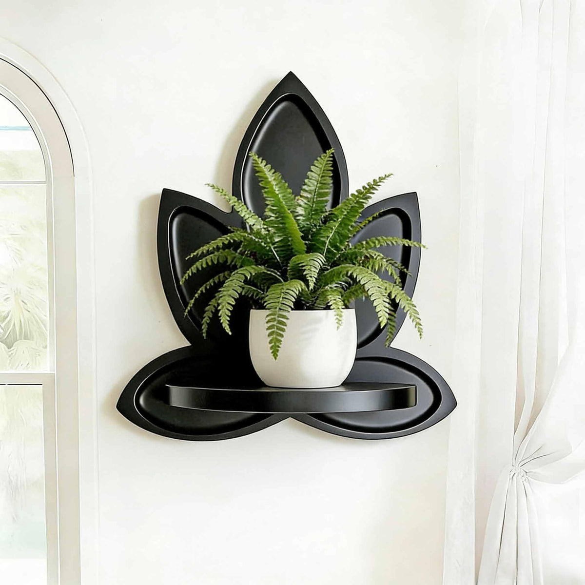 Small Black Carved Lotus Flower Wooden Floating Wall Shelf (Black)